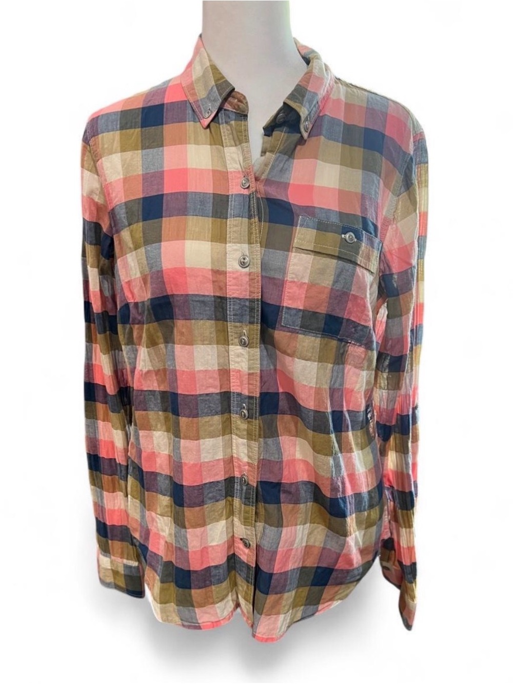 Women’s Plaid Button-Up Shirt - Coral Navy Tan